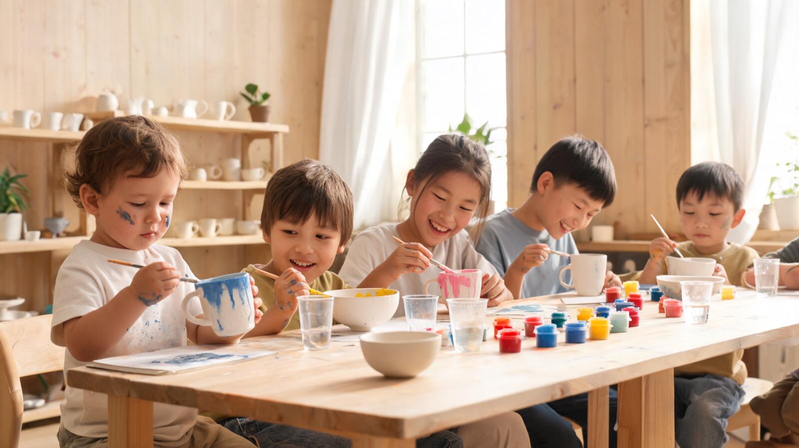 Des enfants peignent des céramiques dans un atelier
