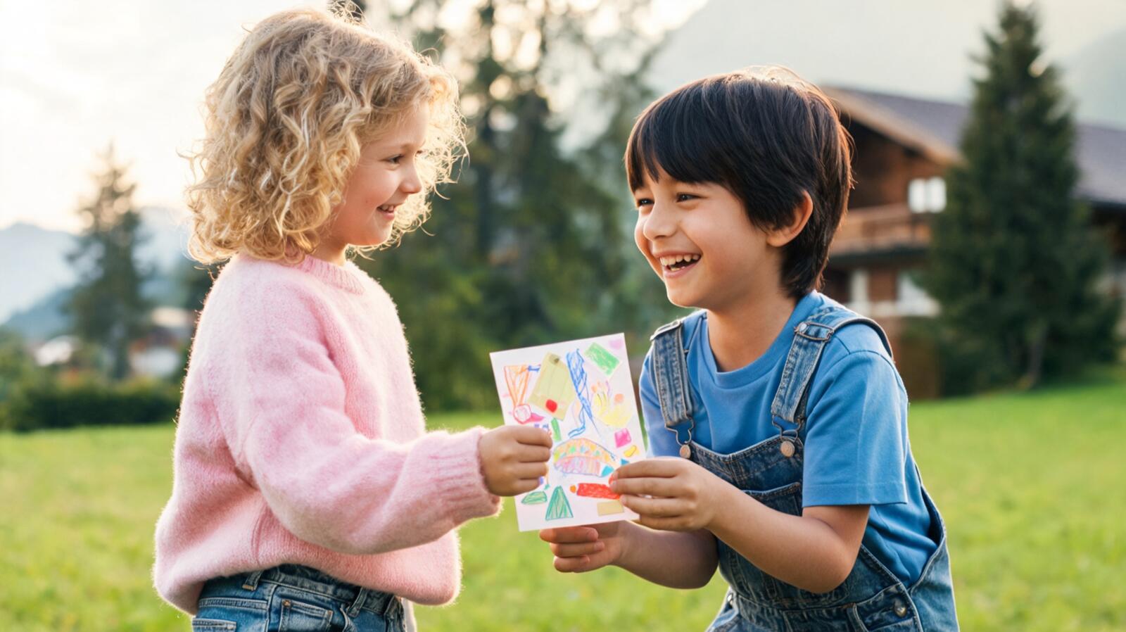 Un enfant offre une carte d’anniversaire à un ami