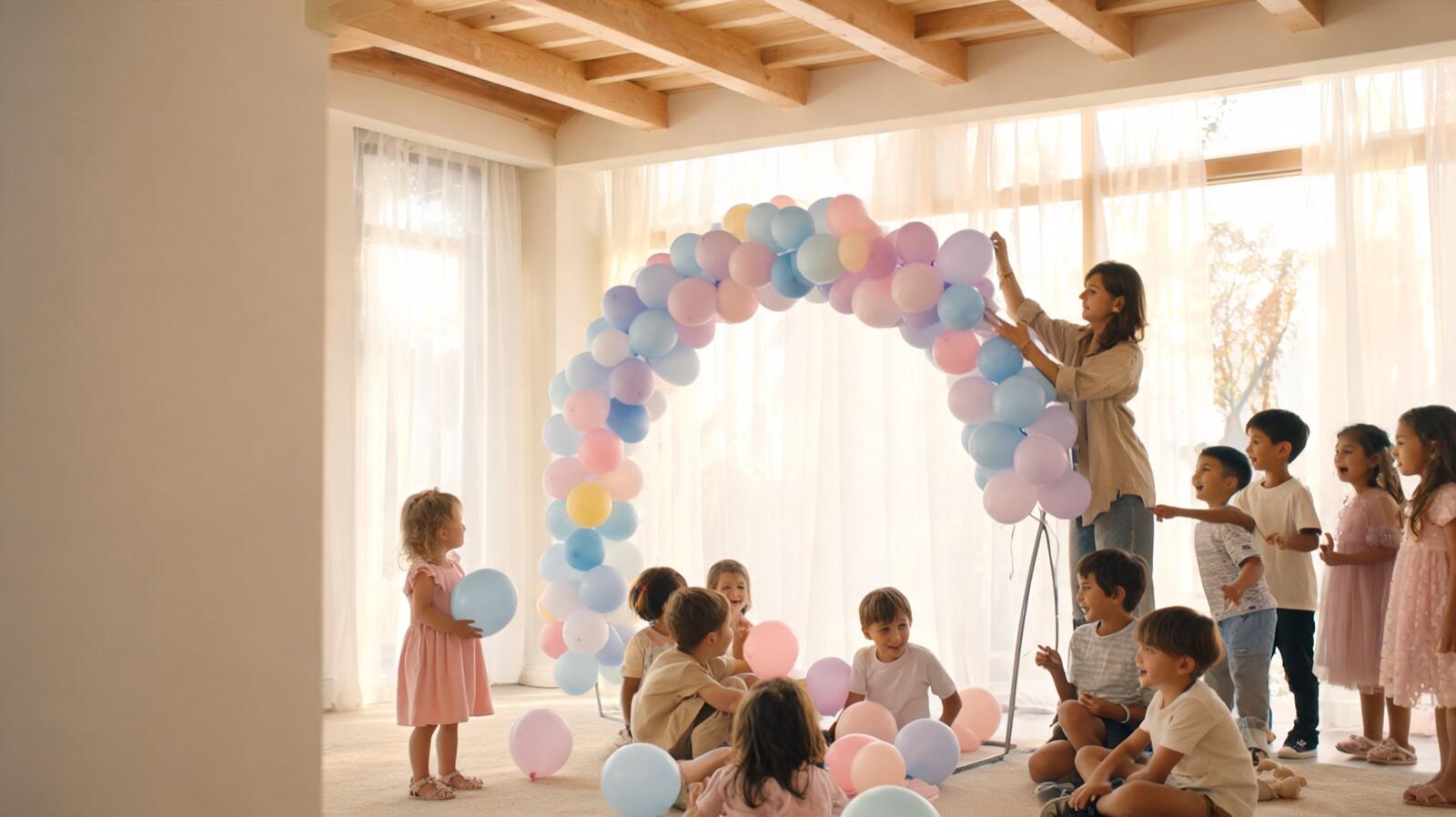 Une décoratrice installe une arche de ballons
