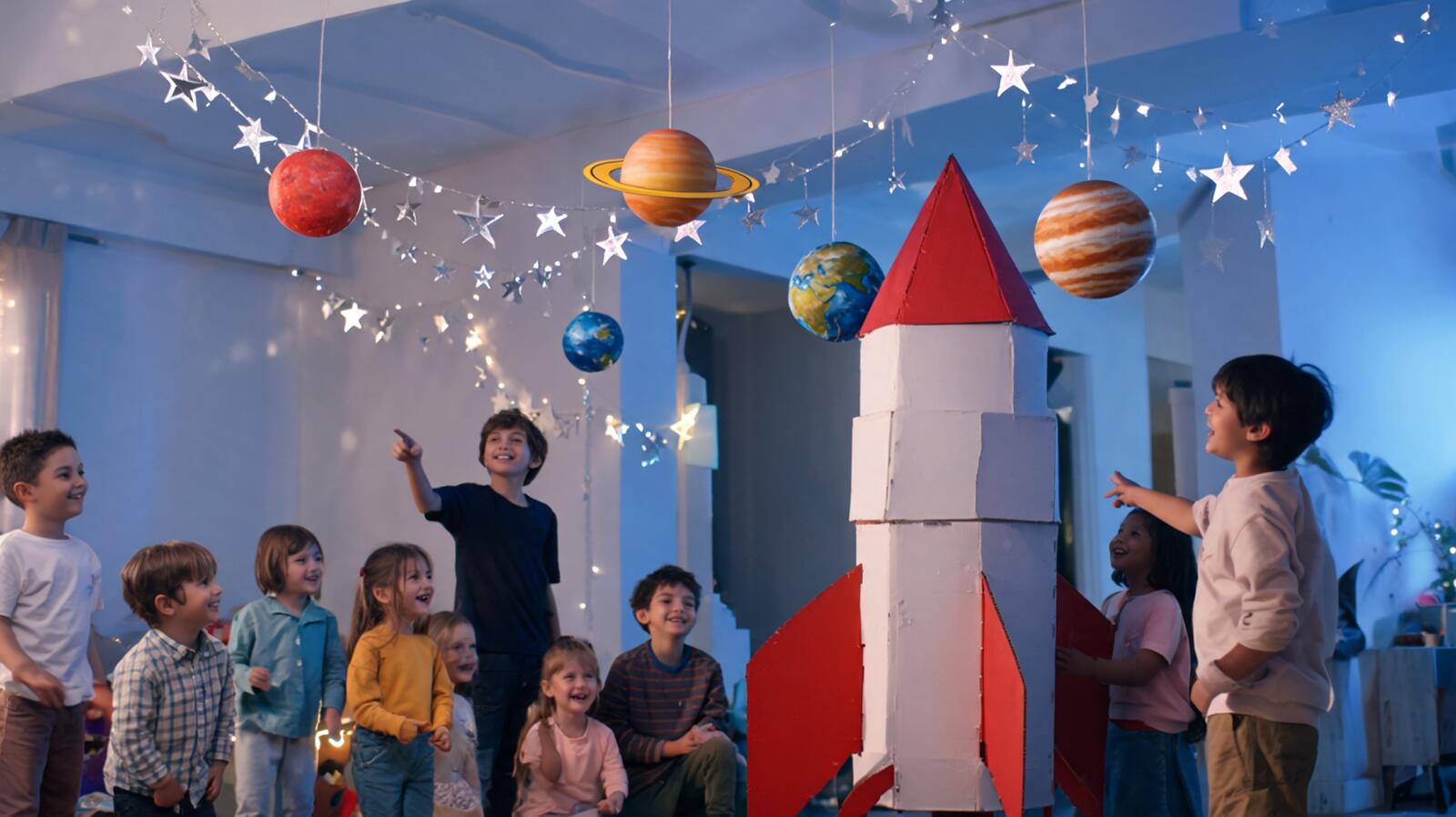 Anniversaire sur le thème de l’espace avec planètes suspendues