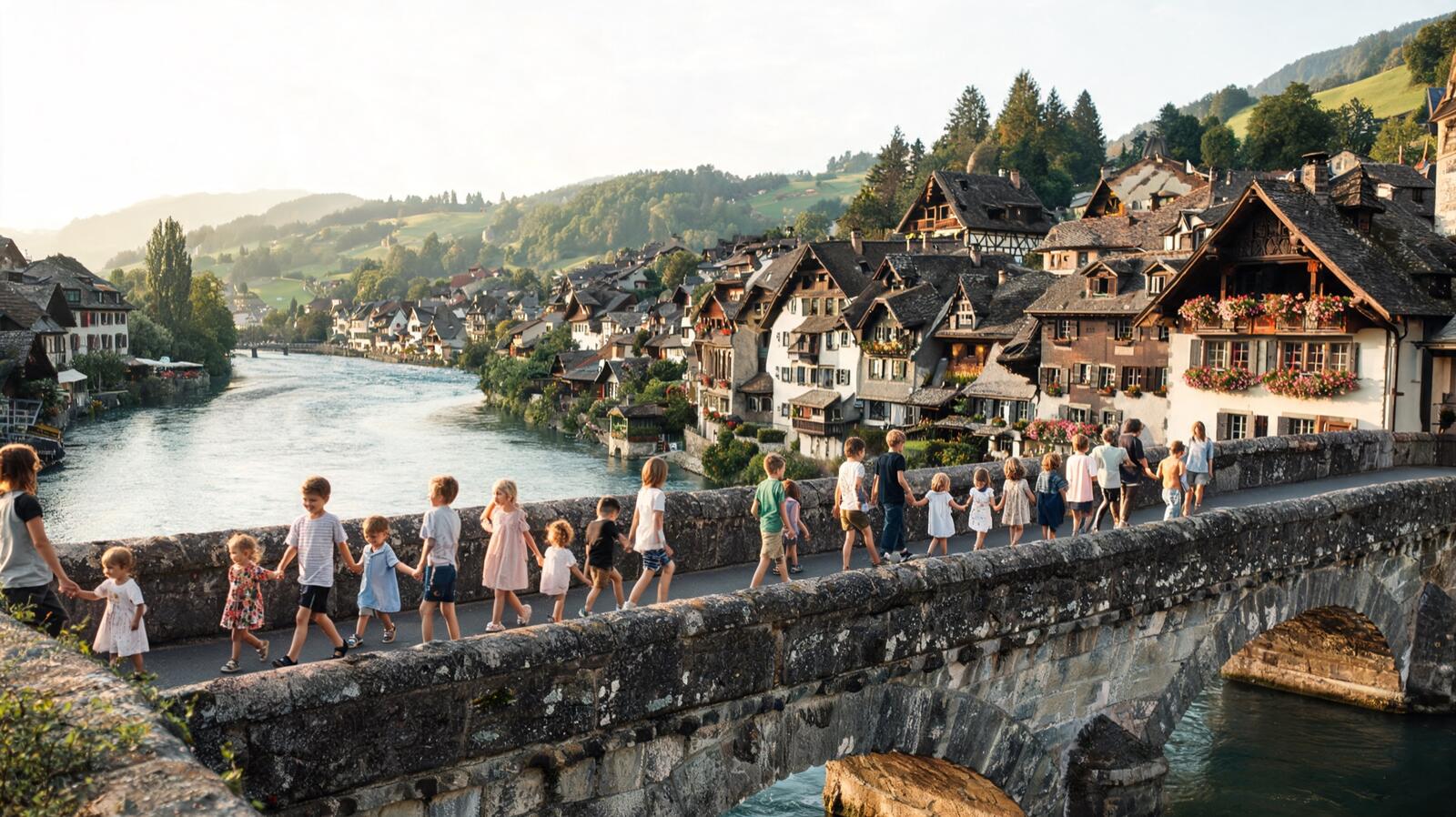 Des enfants sur un pont dans une vieille ville fribourgeoise