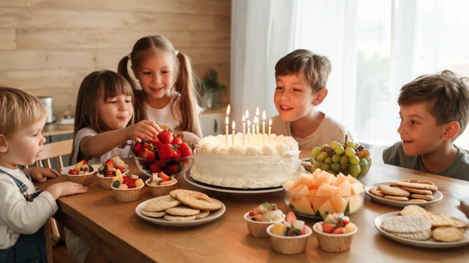 Gâteau d’anniversaire aux bougies et goûter d’enfants