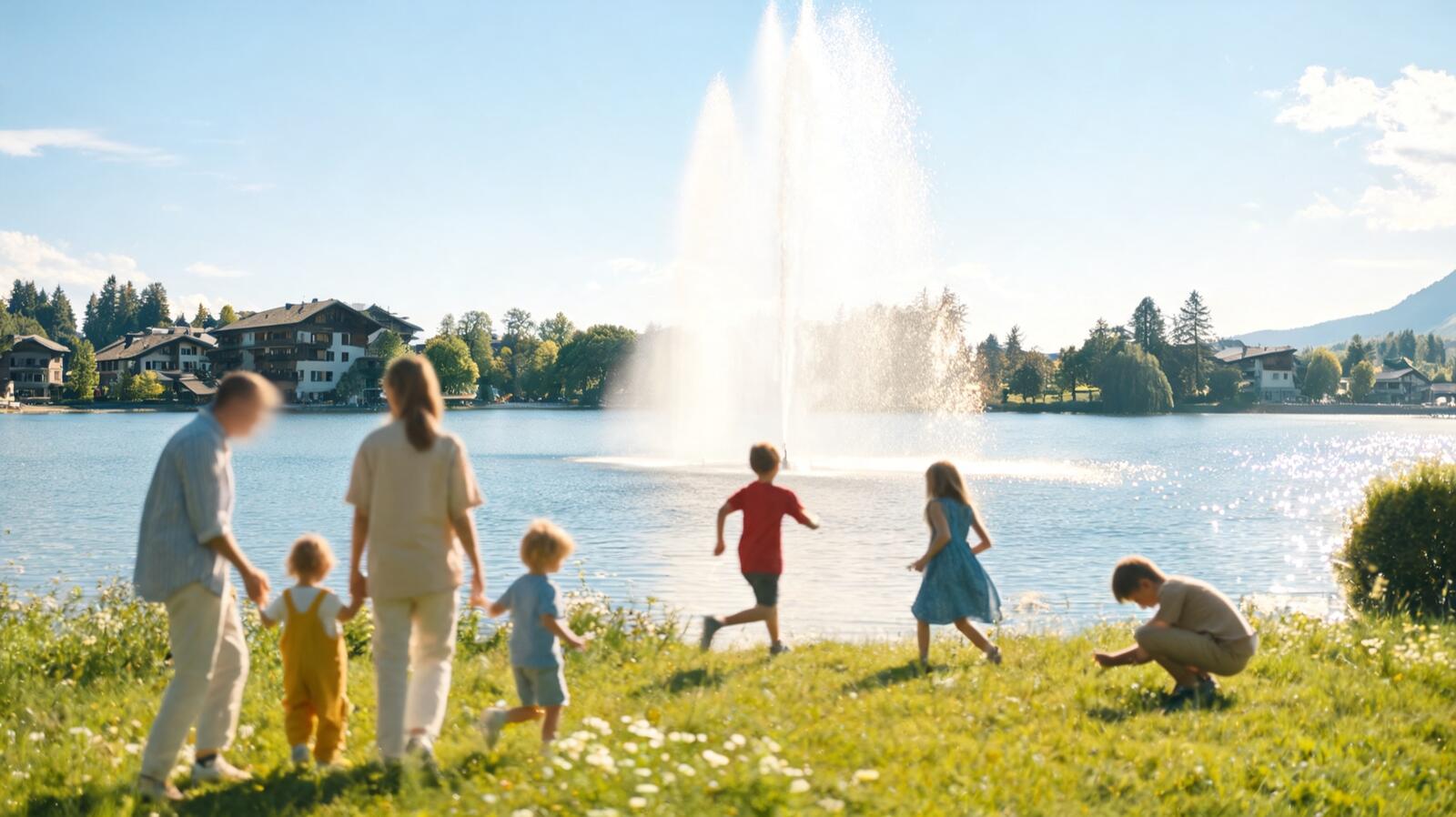 Famille dans un parc au bord du lac à Genève