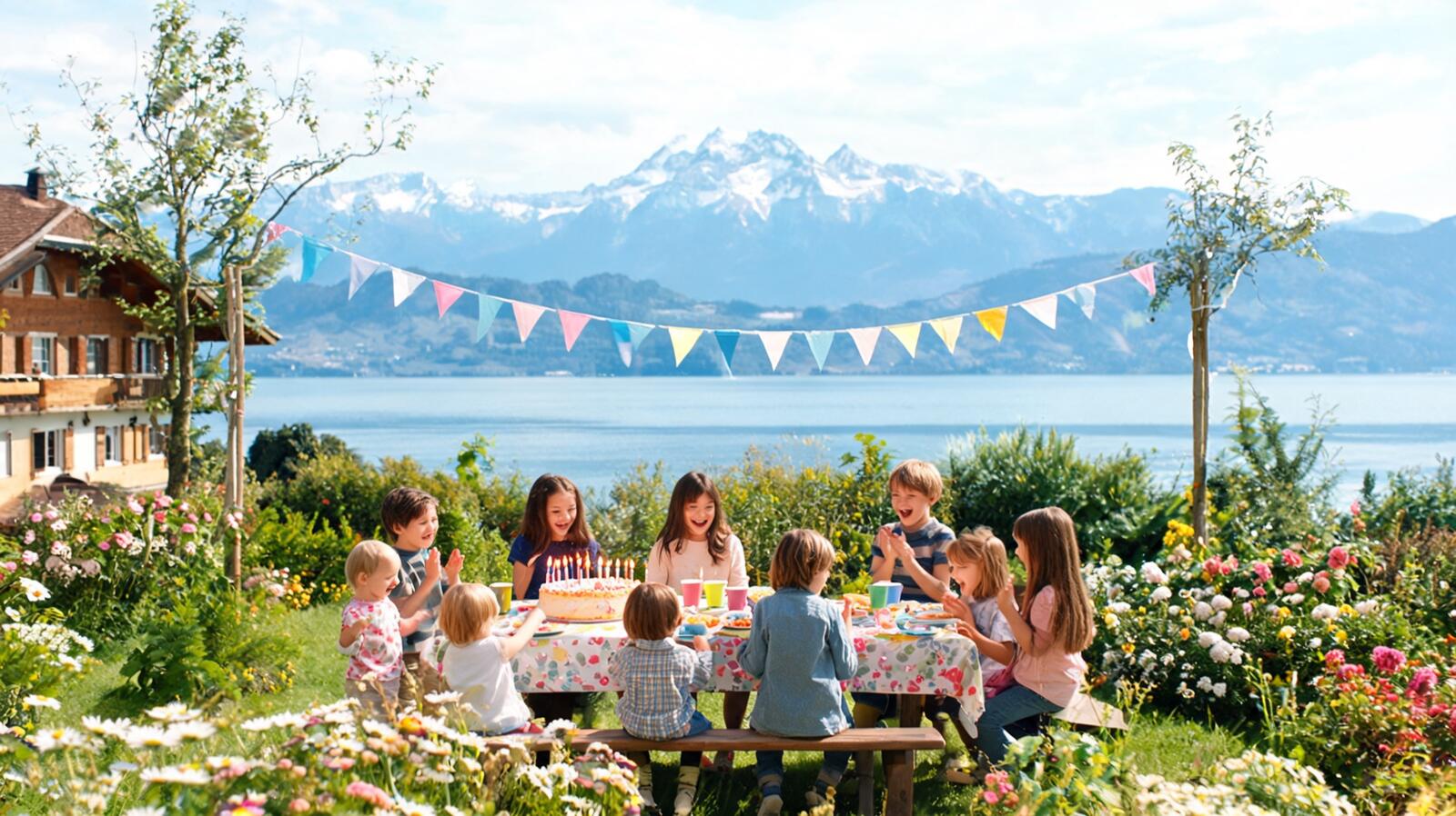 Des enfants fêtent un anniversaire autour d’un gâteau dans un jardin au bord du Léman