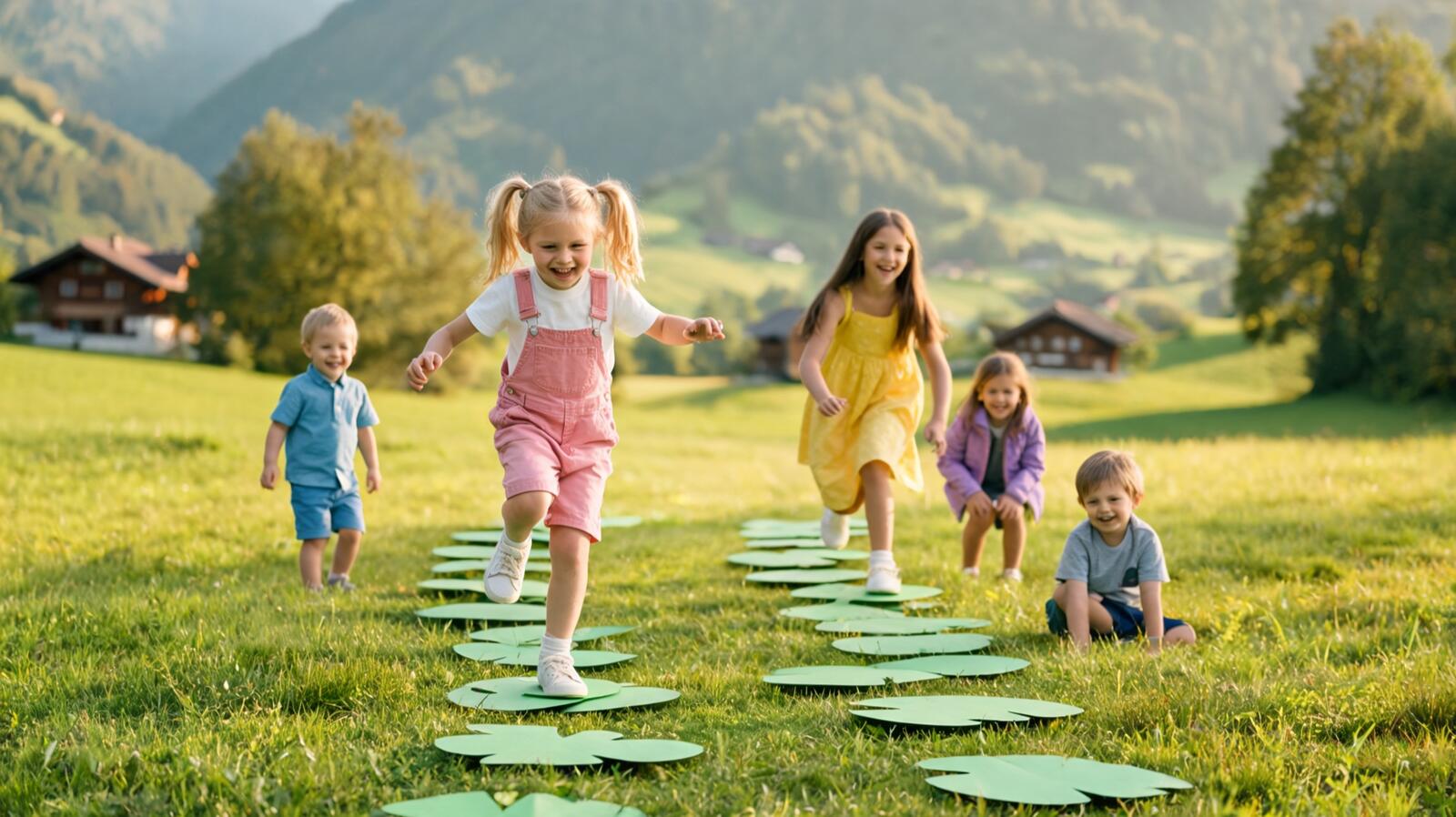 Des enfants de 6 ans sautent de nénuphar en nénuphar