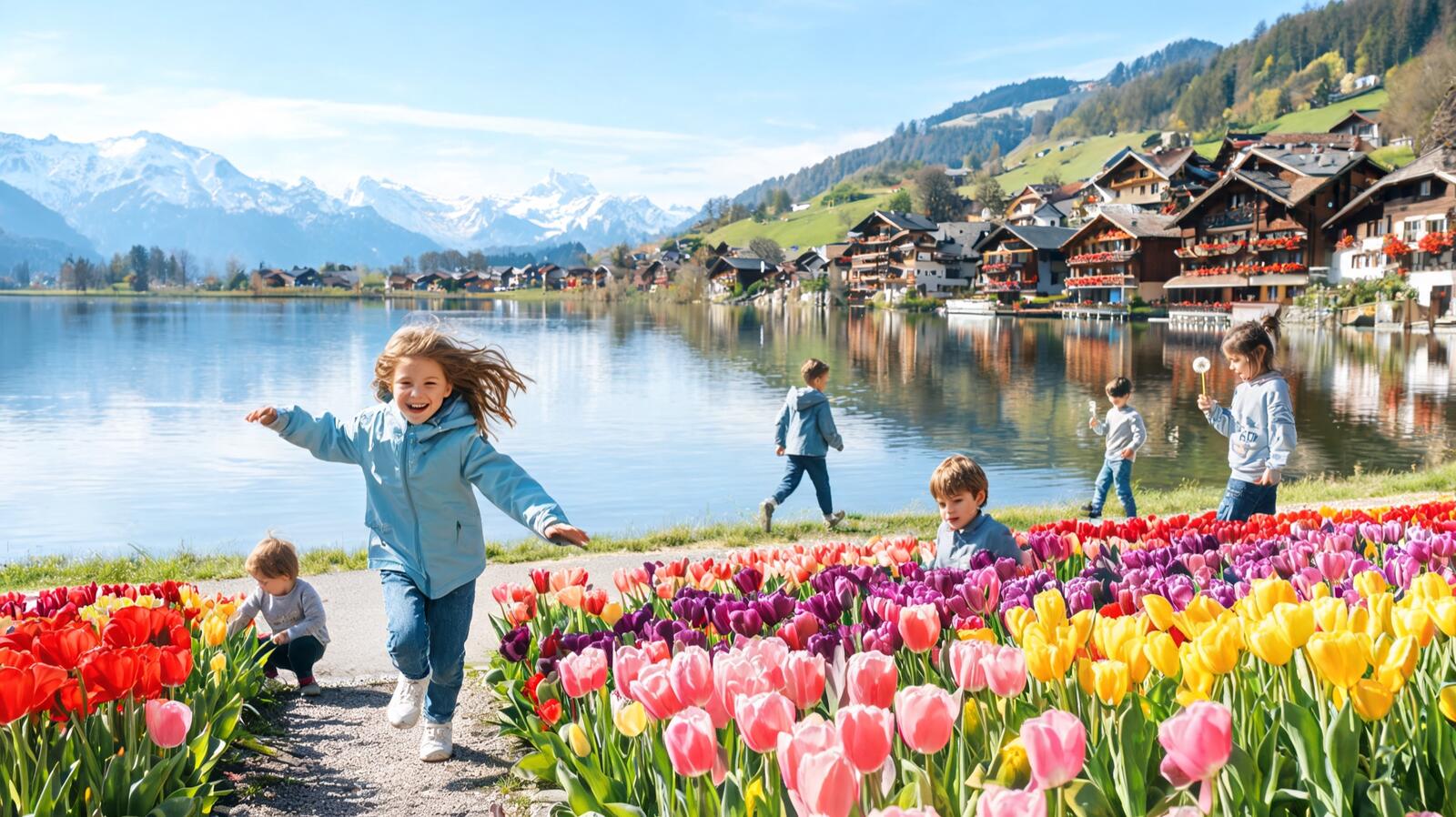 Un enfant court dans un jardin fleuri au bord du lac