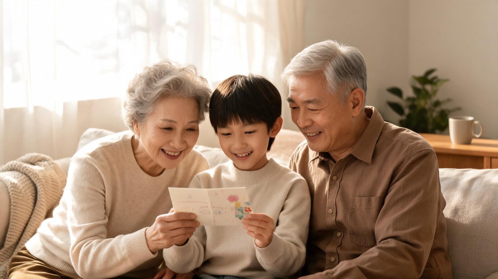 Des grands-parents lisent une carte avec leur petit-enfant