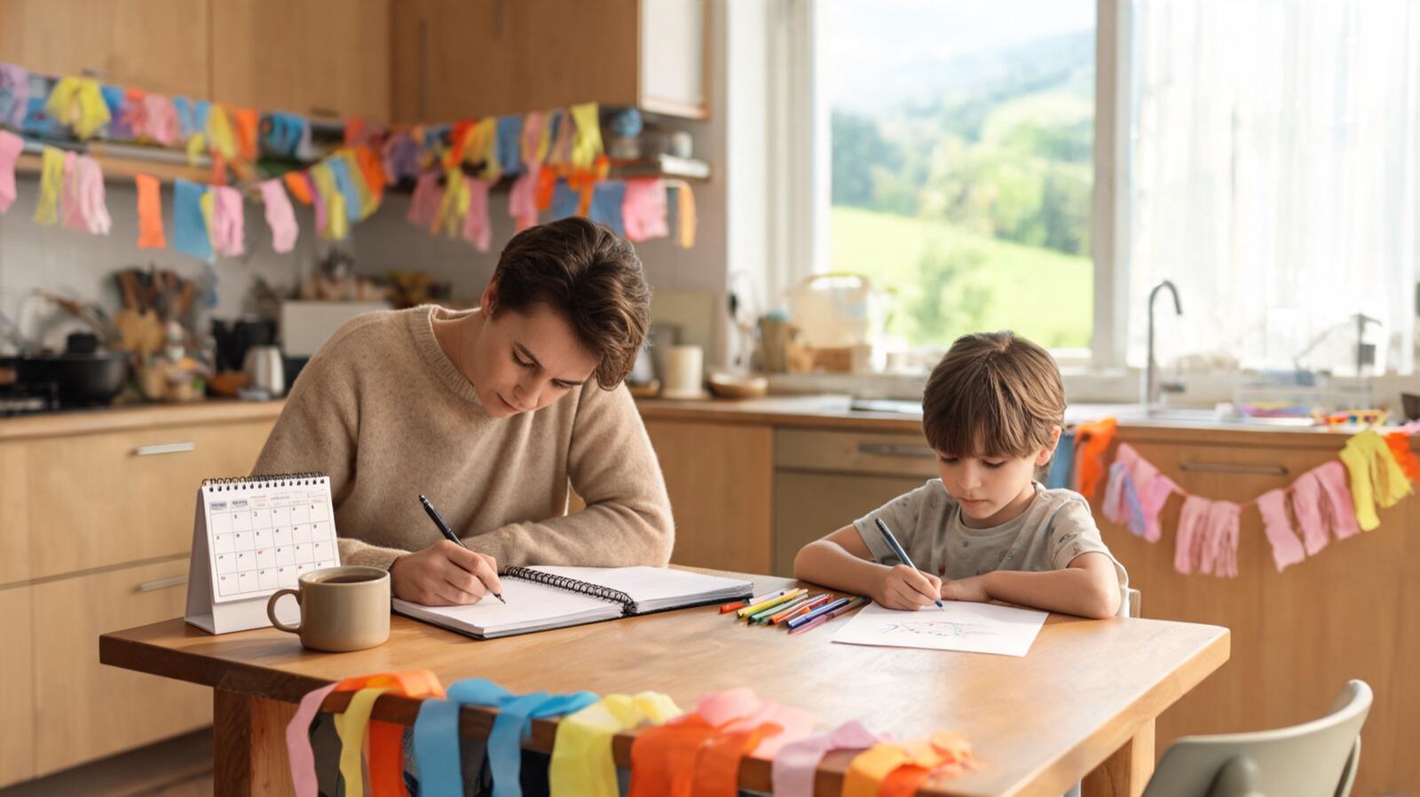 Un parent prend des notes dans un carnet à côté de son enfant qui dessine