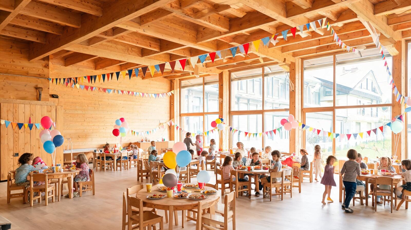 Salle communale aménagée pour une fête d’enfants