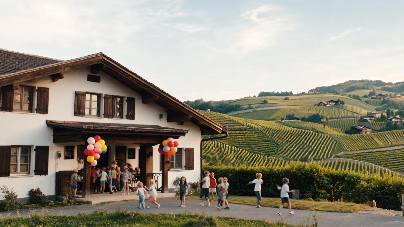 Salle de village vaudois décorée de ballons, vignes en arrière-plan
