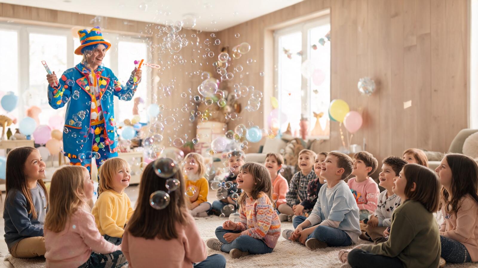 Un animateur fait un spectacle de bulles pour des enfants