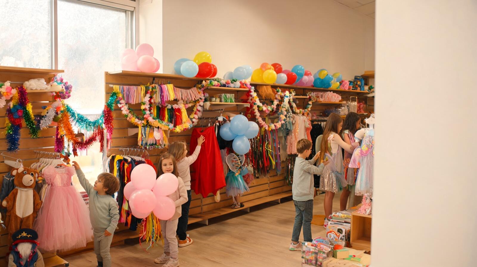 Rayons de ballons et de décorations dans un magasin de fête