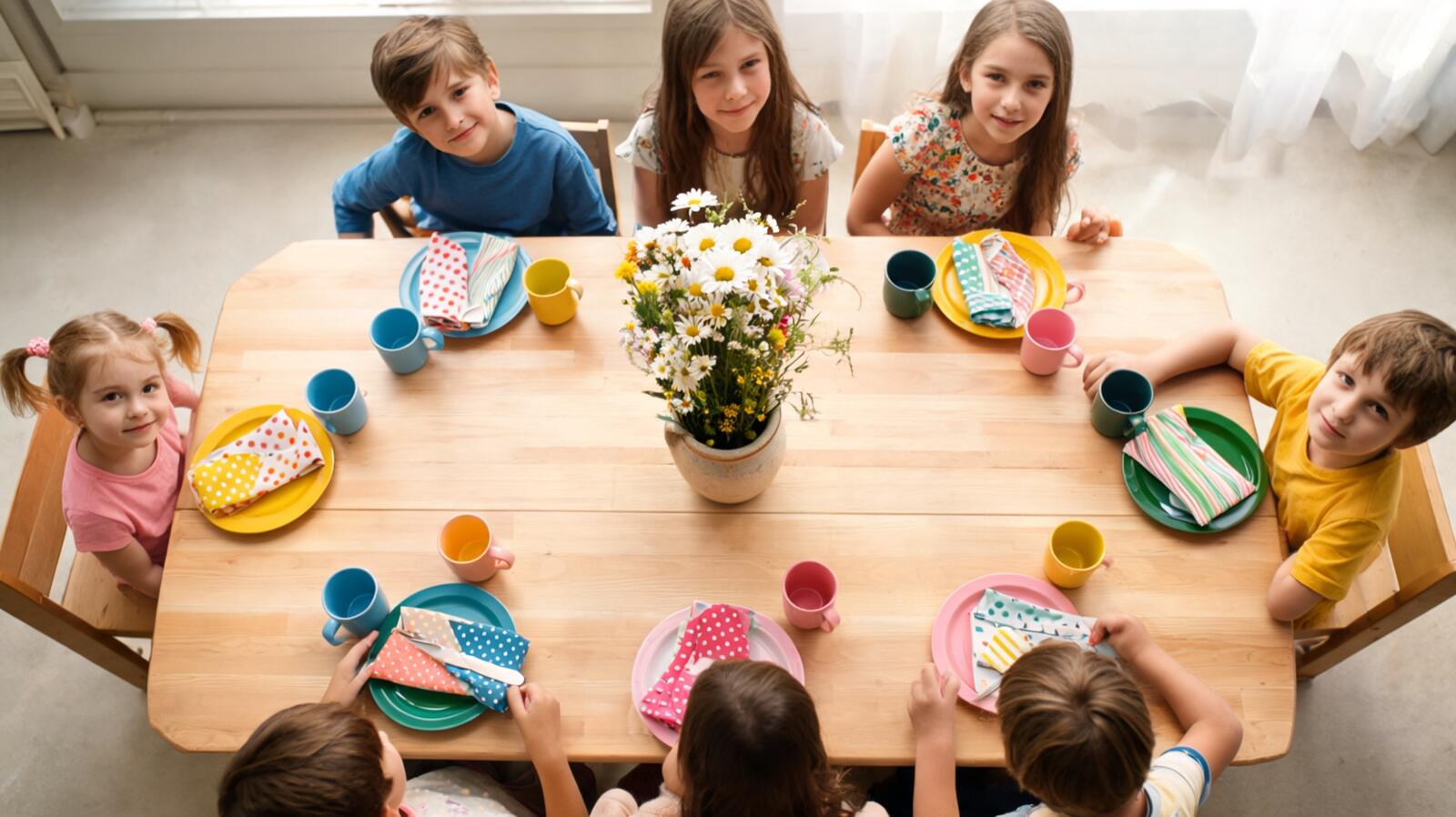 Table d’anniversaire dressée avec de la vaisselle colorée