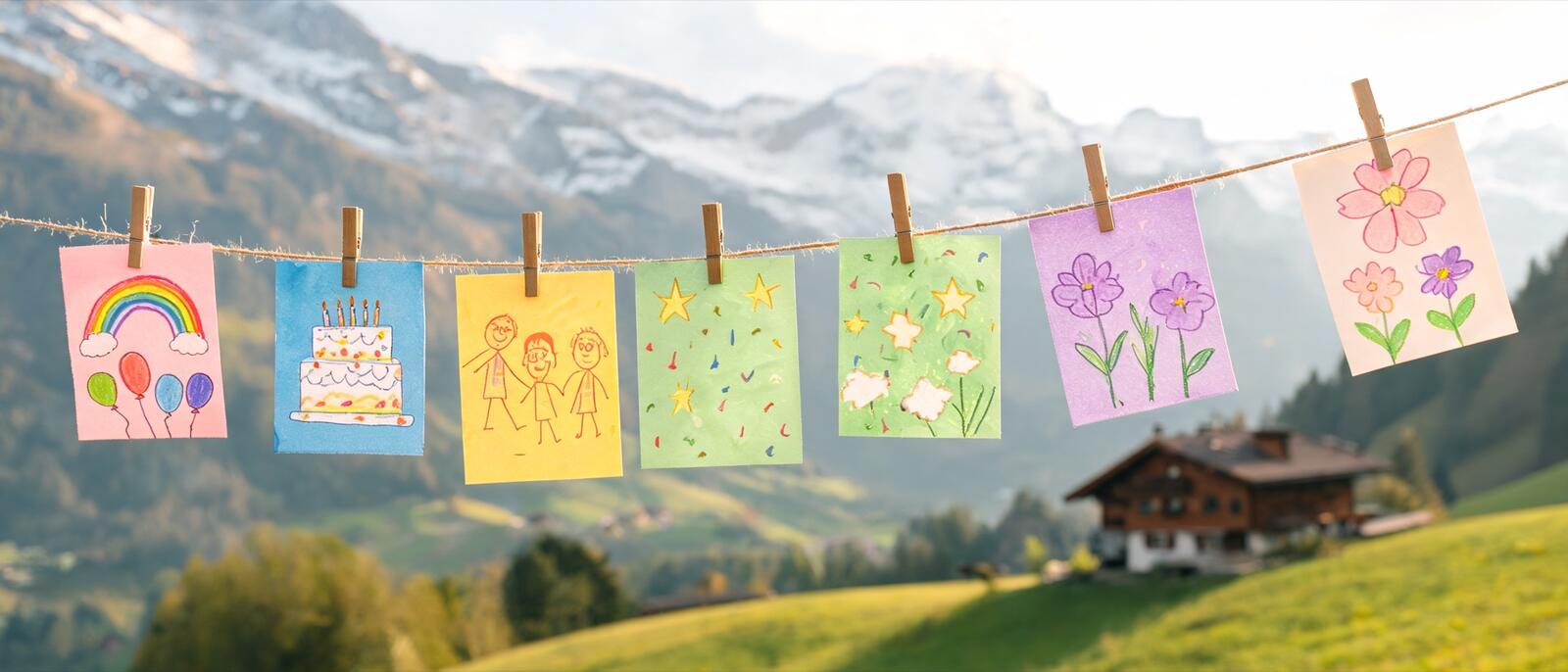 Cartes coloriées suspendues à une ficelle