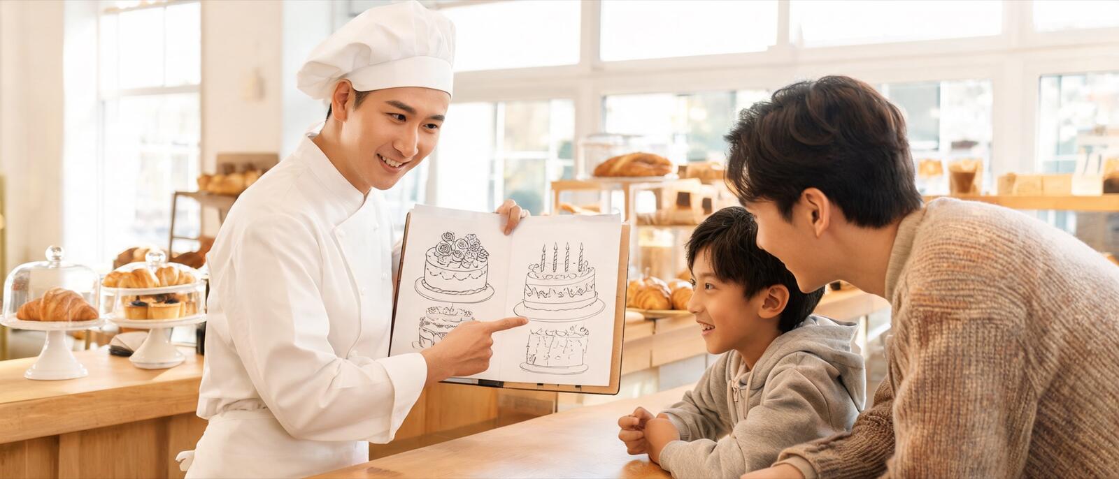 Un pâtissier montre des croquis de gâteau à une famille