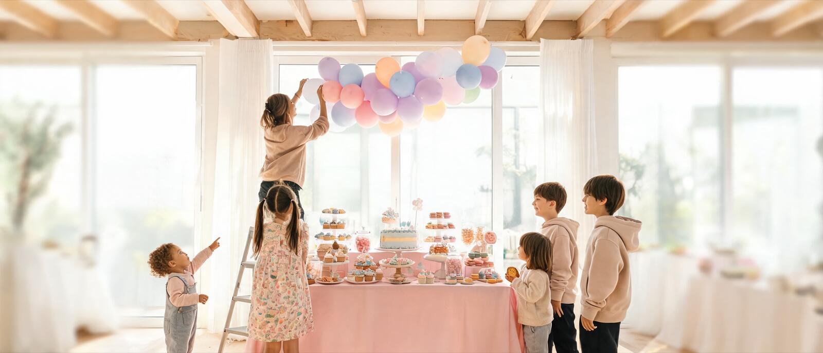 Une décoratrice installe une guirlande de ballons