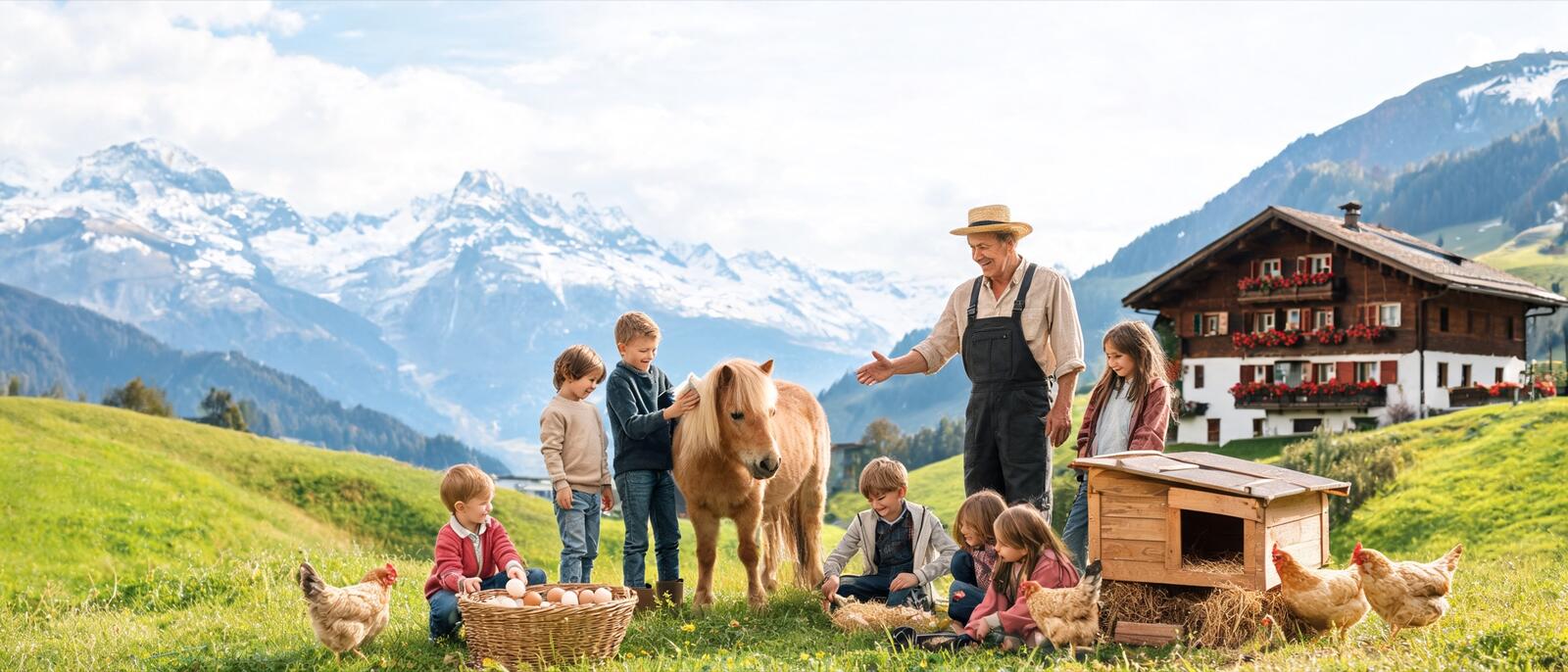 Des enfants brossent un poney et ramassent des œufs à la ferme