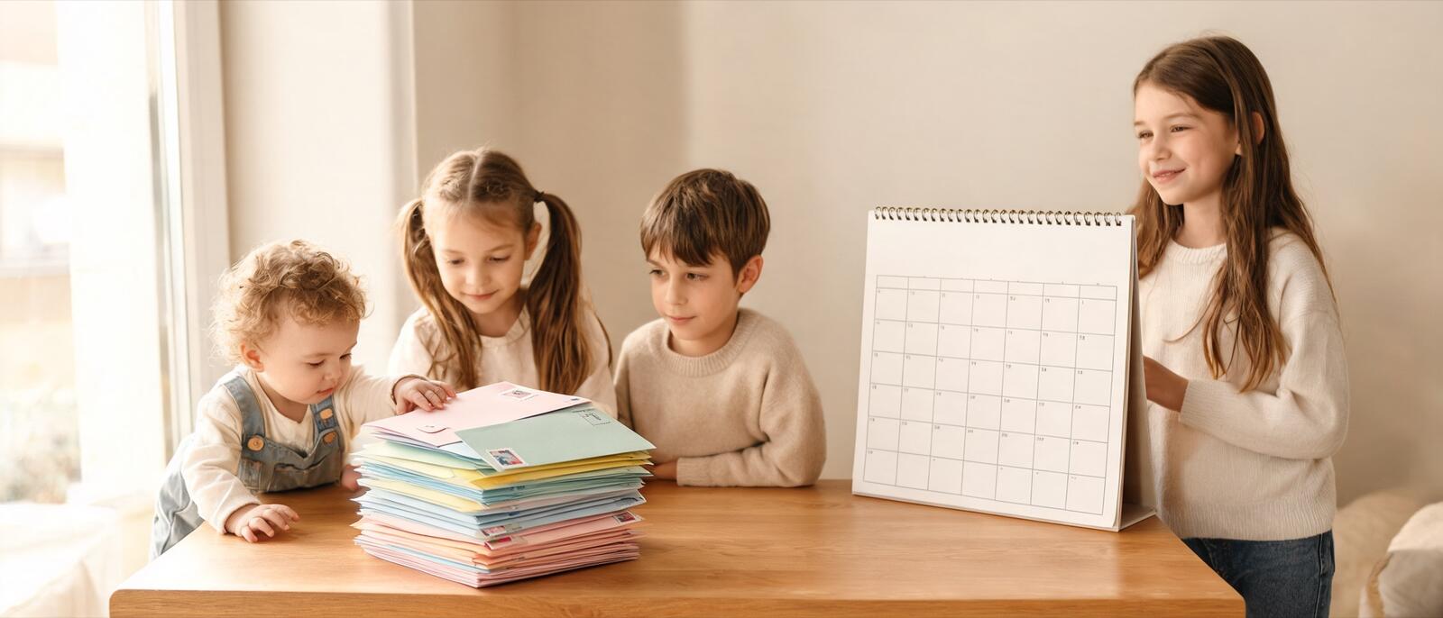 Enveloppes timbrées à côté d’un calendrier