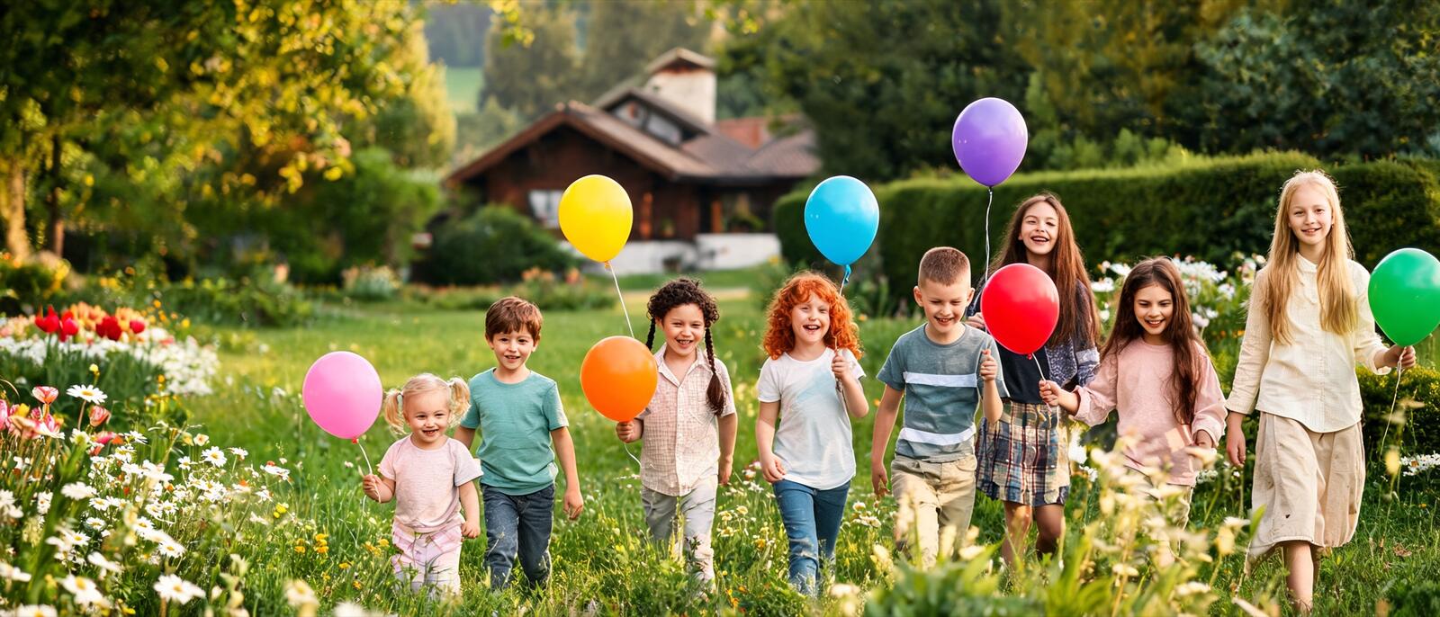Un groupe d’invités arrive avec des ballons
