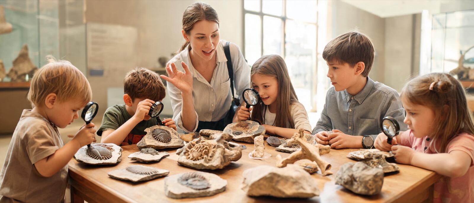 Des enfants observent des fossiles avec des loupes au musée