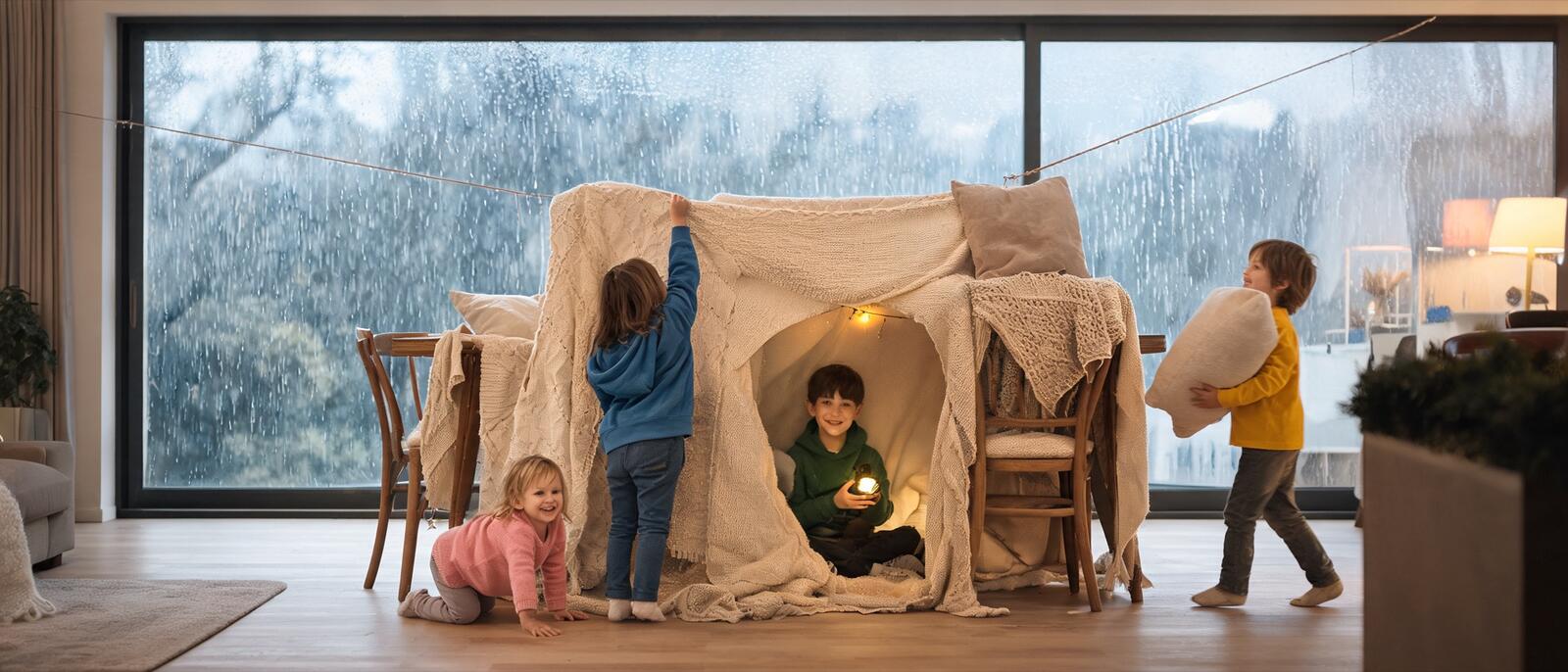 Des enfants construisent une cabane en couvertures un jour de pluie