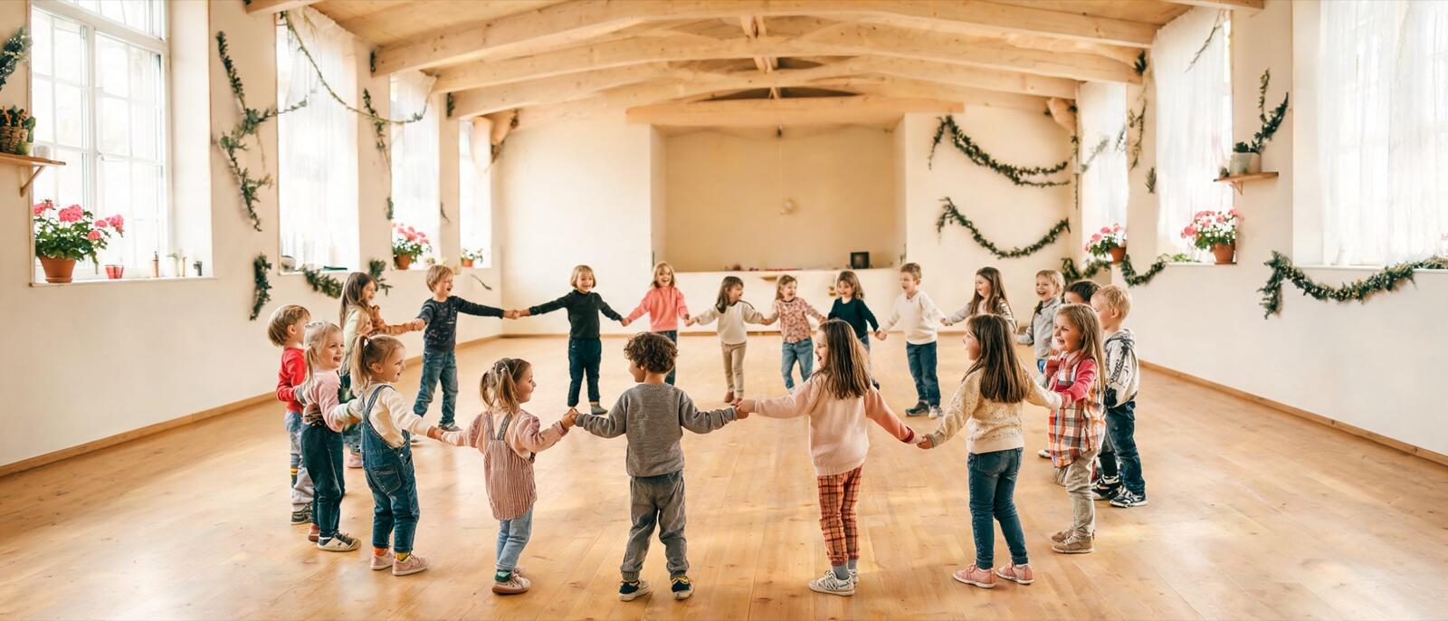 Des enfants jouent dans une salle communale décorée