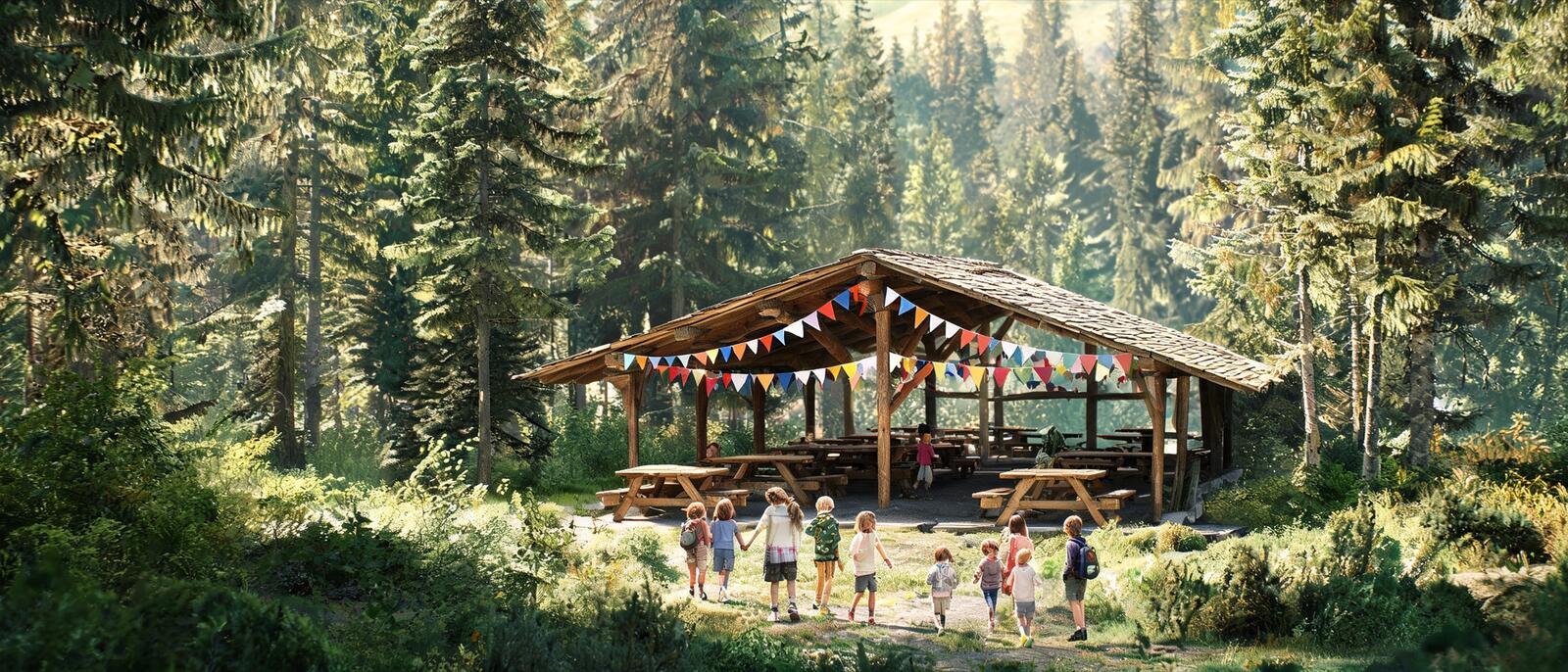 Refuge en forêt décoré pour un anniversaire