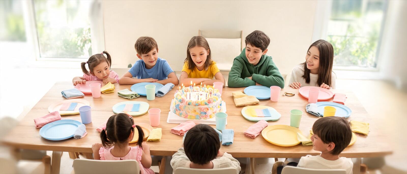 Vue du dessus d’une table d’anniversaire avec le gâteau au centre
