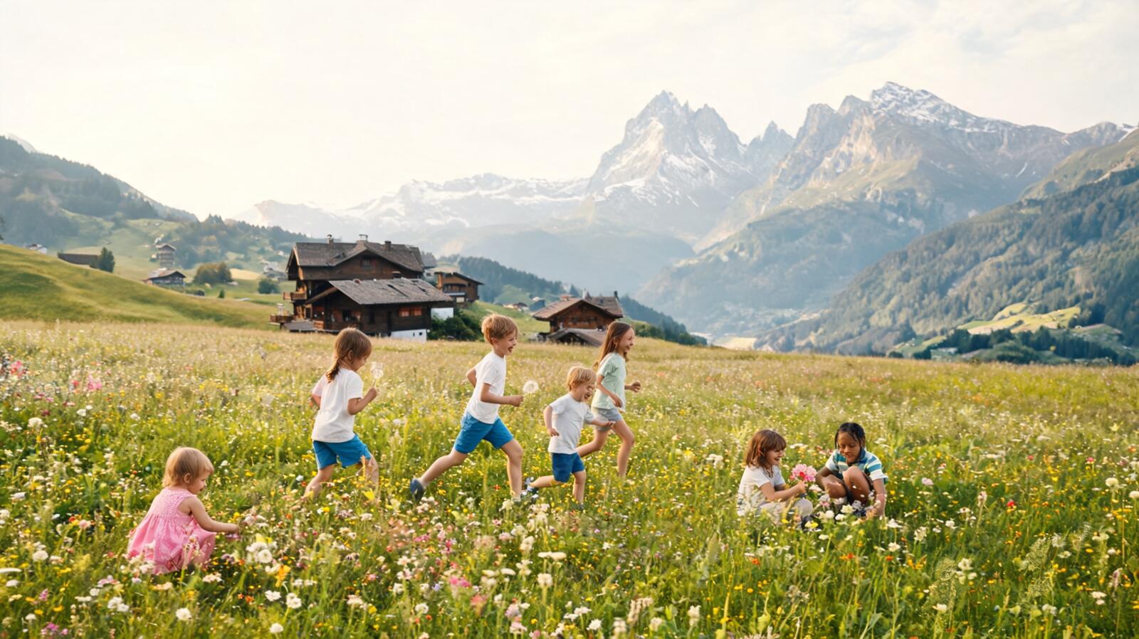 Des enfants jouent dans un pâturage alpin en Valais