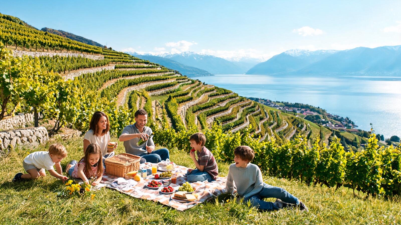 Pique-nique en famille au-dessus du Léman dans le canton de Vaud